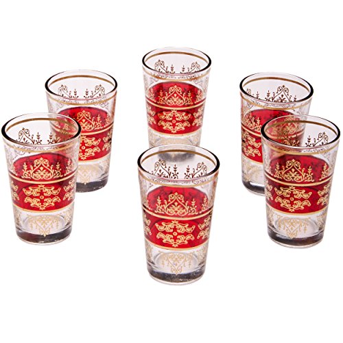 Orientalische verzierte Teegläser Set 6 Gläser Marrakesch Rot Gold | Marokkanische Tee Gläser Set 6 teilig Deko orientalisch | 6 x Orientalisches Marokkanisches Teeglas verziert | Farben auswählen
