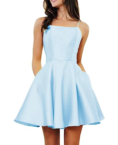 Damen Kurze Homecoming Kleider mit Taschen Rückenfreies Satin Ballkleid für Teenager 2023, blau, 38