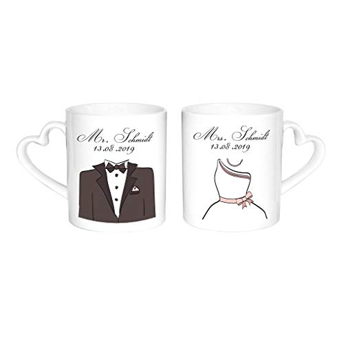 Partnertassen "Braut / Bräutigam" - mit Personalisierung, Kaffeebecher, Kaffeetasse, Geschenkidee, Hochzeitsgeschenk, Geschenk zur Hochzeit, zum Hochzeitstag, für das Brautpaar