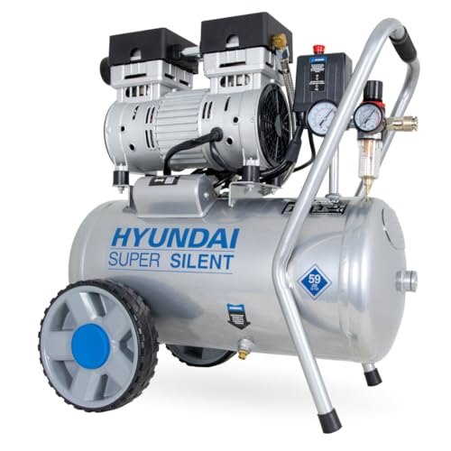 HYUNDAI Silent Kompressor SAC55752 (Druckluftkompressor, ÖLFREI, Flüsterkompressor mit 59 dB(A), 24 l Druckbehälter, 8 bar, 0.75 kW (1.0 PS), Öl-/Wasserabscheider, Ansaugleistung 125 L/Min)