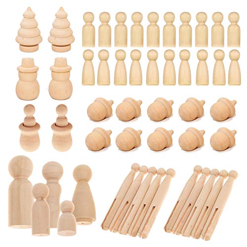 Woohome 71 Stück Holz-Puppen, Holzfiguren, natürliche unbemalte Holzfiguren, dekorativ für Kinder, Bastelprojekte, Malen, Spiele, 8 Stile