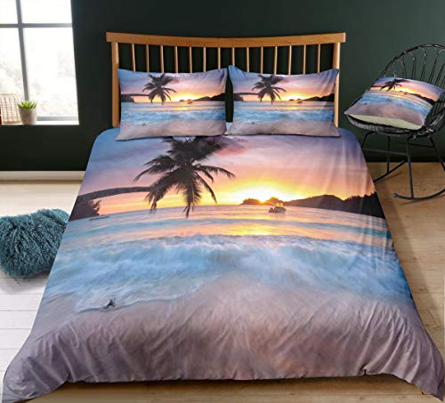 3D Beach Print Bettwäsche Set 3 teiligs 200x200cm + 80x80cm Weich Atmungsaktiv Microfaser Betten Set mit 2 Kissenbezug Meer und Strand Sonnenuntergang Bettbezug mit Reißverschluss Mann Damen