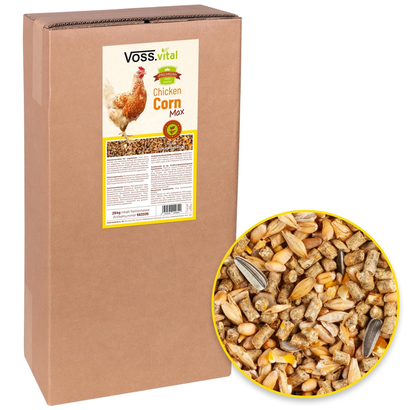 VOSS.vital 29kg Chickencorn MAX Hühnerfutter mit Legepellets, grobes Hühnerschrot, Hühnerkorn, Körnerfutter, Legehennenfutter mit Muschelkalk, Mais, Sonnenblumenkerne, Rapsöl, Alleinfutter