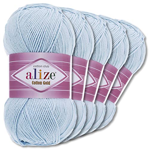 Wohnkult Alize 5 x 100 g Cotton Gold Premium Wolle| 39 Farben Sommerwolle Garn Stricken Amigurumi (513 | Kristallblau)
