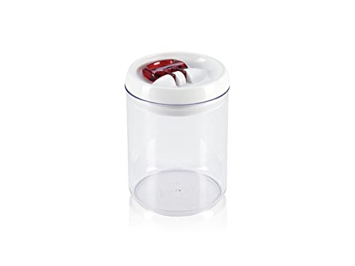 Leifheit Fresh and Easy Vorratsbehälter 1, 4 L, rund, luft- und wasserdichte Vorratsdose mit patentierter Einhand-Bedienung, Frischhaltedose, stapelbare Aufbewahrungsboxen, transparent, rot