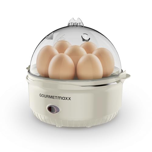 GOURMETmaxx Eierkocher für 7 Eier im stylishen Design | Elektrischer Egg Cooker mit intuitiver Bedienung | Mit Messbecher & Ei-Pick | Dank regulierbarem Wasserstand für idealen Härtegrad [Vanille]