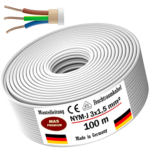 MAS-Premium® Feuchtraumkabel Stromkabel Mantelleitung Elektrokabel Ring zur Verlegung über, auf, in und unter Putz, in trockenen, feuchten und nassen Räumen - Made in Germany (NYM-J 3x1,5 mm², 100m)