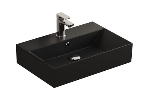 Aqua Bagno | Design Waschbecken Hängewaschbecken Aufsatzwaschbecken Waschtisch aus hochwertiger Keramik eckig KS.60 | 60 x 42 cm | Schwarz