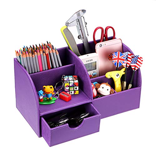 BTSKY Multifunktionaler Schreibtisch-Organizer aus PU-Leder für Visitenkarten, Stifte, Handy-Fernbedienung, Aufbewahrungsbox violett