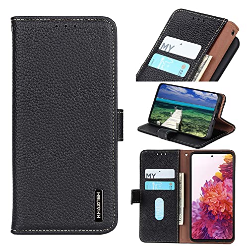 qichenlu Echtleder Tasche für A42 5G,【Standing Cover,Magnetverschluss】 Schwarz Echtleder Klapphülle Flip Cover Book Wallet Case mit Kartenfächer für Samsung Galaxy A42 5G