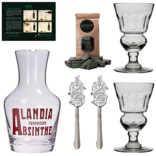ALANDIA Absinth-Karaffe Gläser Löffel Set | Mundgeblasenes Glas | Klassisches 19. Jh. Design