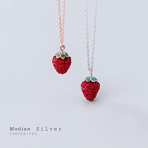 Original 925 Sterling Silber Mode 3D Erdbeer Anhänger Halskette Für Frauen Kristall Kette Link Halsketten Schmuck-Rose Gold Color