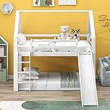 Idemon Einzelbett Kinderbett Hausbett Etagenbett mit Rutsche und Leiter,90x200cm (Weiß)