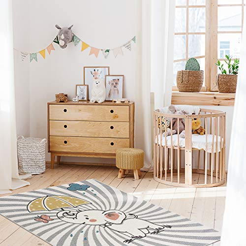 payé Teppich Kinderzimmer - Cream - 120x160cm - Spielteppich Babyzimmer süßer Elefant mit einem Regenschrim - Kurzflor Kinderteppich - Oeko-Tex Standard 100