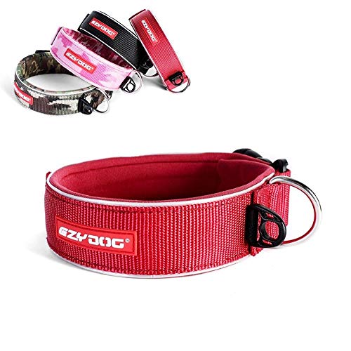 EzyDog Neo Wide - Halsband Hund breit, Hundehalsband für Große Hunde | Neopren gepolstert, reflektierend, wasserfest (XL, Rot)