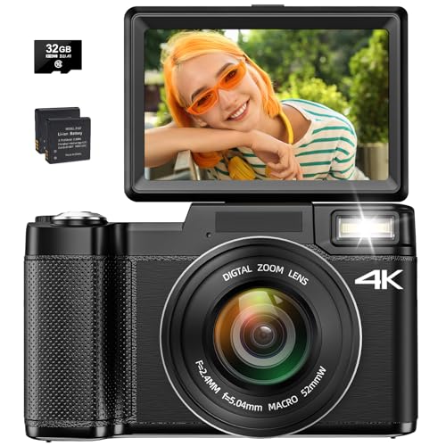 4K-Digitalkamera für Fotografie, Autofokus 48MP Vlogging-Kamera für YouTube mit 16X Digitalzoom Makrokamera, 3''180°Flip-Bildschirm Kompaktvideokamera mit abnehmbarem Blitz, SD-Karte&2 Akkus
