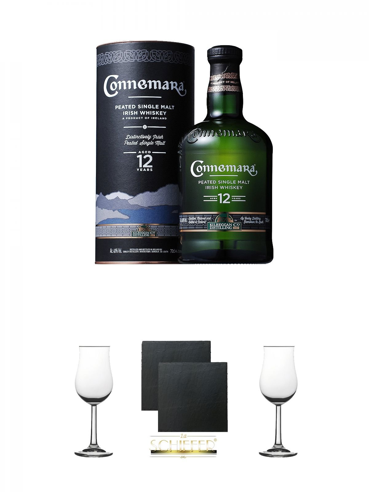 Connemara 12 Jahre Whiskey 0,7 Liter + Schiefer Glasuntersetzer 2 Stück + Whisky Nosing Gläser mit Eichstrich 2cl und 4cl 2 Stück