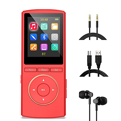 MP3 Player mit starkem Bluetooth, 32GB Kinder mp3-player mit FM Radio, HiFi Musik, AUX-Recorder, Shuffle, Time-Sleeper, Matt rote(Kopfhörer,USB-Kabel,AUX-Kabel im Lieferumfang Enthalten)