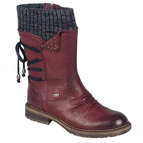 ECOSWAY Damen Mittlere Wadenhohe Stiefel Retro Kunstleder Stiefel Freizeit Kunstleder Niedriger Absatz Winterschuhe - Weinrot, 39