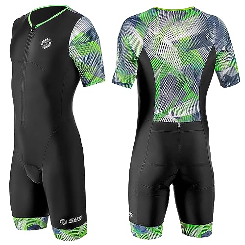 SLS3 Triathlon Einteiler Herren | Aerodynamischer Kurzarm Trisuit mit Ärmeln | 2 Taschen | Wettkampf | Front-Reißverschluss | Schwarz (Black/Green Geo, XL)