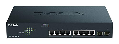 D-Link DGS-1100-10MPV2, 10-Port Layer 2 Gigabit PoE Smart Switch (8 x 10/100/1000 Mbit/s BaseT PoE Port, 130W PoE Kapazität, 2 x SFP Port, lüfterlos, Metallgehäuse)