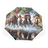 ISAOA Automatischer Reise-Regenschirm,kompakt,faltbar,Running Horse Art Malerei,Winddicht Stockschirm,Ultraleicht,UV-Schutz,Regenschirm für Damen,Herren und Kinder