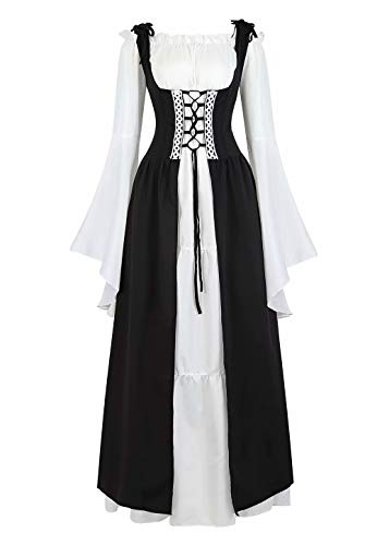 Josamogre Mittelalter Kleid Renaissance mit Trompetenärmel Party Kostüm bodenlang Vintage Retro Costume Cosplay Damen Weiß L