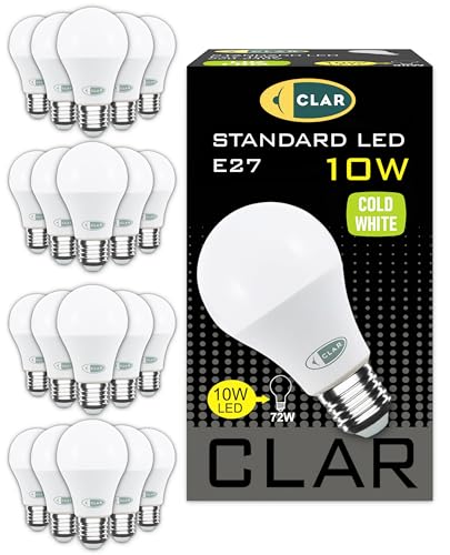 CLAR - LED E27 Kaltweiß, LED Glühbirne E27, LED Birne E27, Glühbirne E27, Leuchtmittel E27, LED Glühbirne, Glühbirne LED, LED E27 100W-80W, 10W 6500ºK (Pack 20)