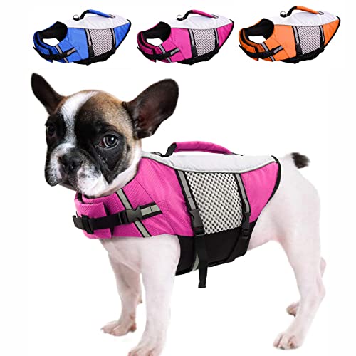 Hundeschwimmweste zum Schwimmen, Haustier-Rettungsweste mit reflektierenden Streifen und Rettungsgriff für Schwimmbad, Strand, Bootfahren (Größe: XXL (45 cm), Farbe: Rosa)