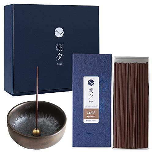 Asayu Japan Räucherstäbchen Geschenkset mit Zen Räucherstäbchenhalter und Messingständer - Adlerholz + Zen Räucherschale
