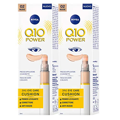 Nivea Q10 Power 3in1 Eye Care Cushion Primer Grundierung, Anti-Falten-Korrektur, für Augen, sanfte Formel, gegen Taschen und Augenringe, Farbe 02 Nude mit Applikator, 2 Flaschen à 4 ml