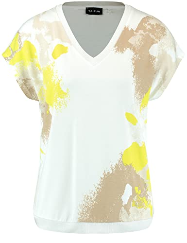 Taifun Damen Shirt mit Frontprint Kurzarm, überschnittene Schultern T-Shirt Kurzarm Rundhals Shirt Gemustert Offwhite Gemustert 42