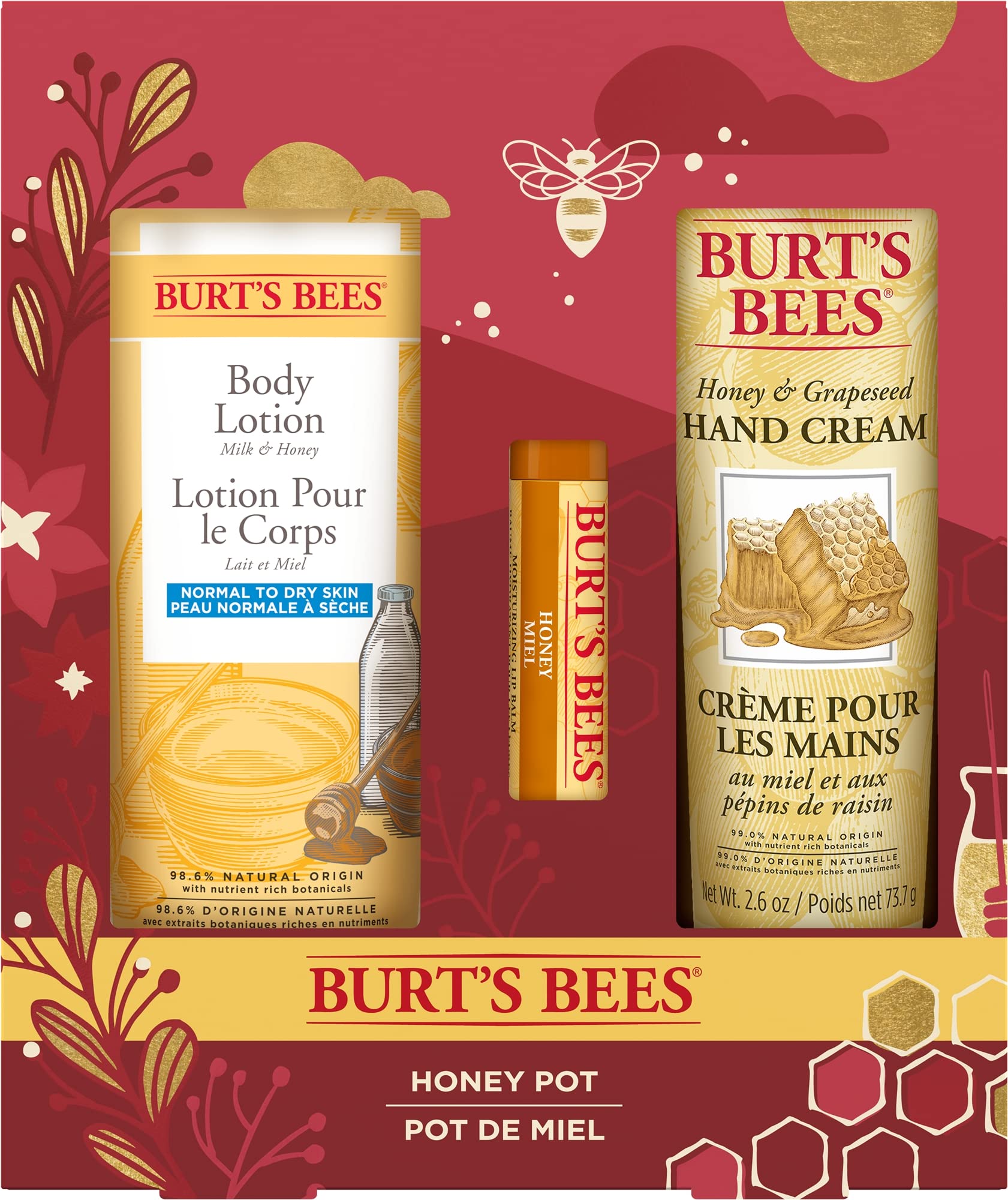 Burt's Bees Geschenke für Damen | Honigtopf-Geschenkset mit Honig-Lippenbalsam, Honig- und Traubenkern-Handcreme und Milch- und Honig-Bodylotion