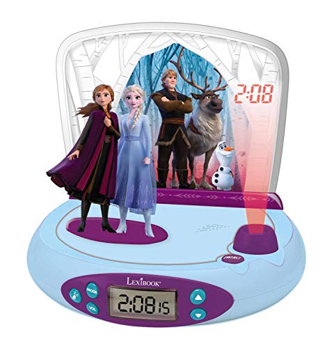 Lexibook RP510FZ_50 Disney Frozen Die Eiskönigin 2 ELSA & Anna, Projector-wecker mit Klingeltönen, Nachtlicht, projeziert die Zeit an die Wand, Soundeffekte, mit Batterien, Blau/lila