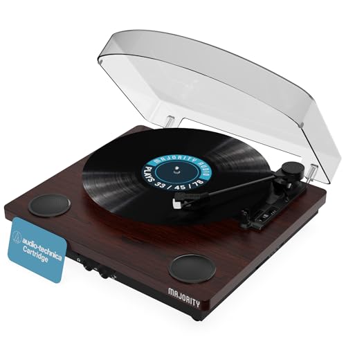 Vinyl-Schallplattenspieler mit Bluetooth | Erstklassig Kartusche | USB-Aufnahme | AUX- und RCA-Eingang | Eingebaute Stereo-Lautsprecher | Inklusive Slipmat | MAJORITY Moto (Walnuss)