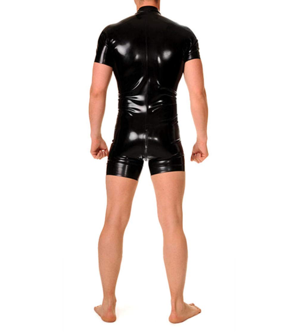 Erotische UnterwäscheEng anliegende Latex Trikot Herren Latex Gummi Overalls Reißverschluss mit kurzen Ärmeln und kurzen Beinen-transparent schwarz_XXL