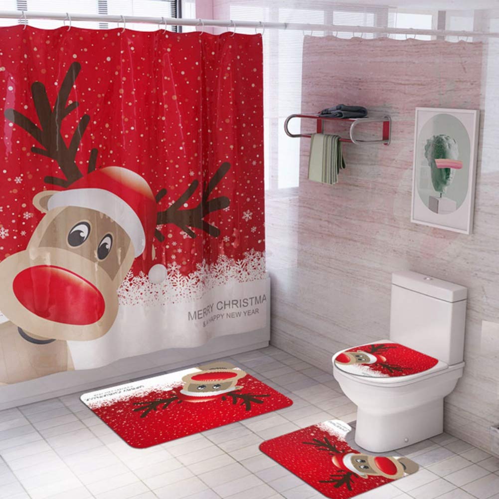 ChYoung 4 STÜCKE Weihnachten Bad Sets Schneemann Weihnachtsmann Duschvorhang/Badematten Teppiche/U-förmigen Podest Matte/Toilettensitzbezug