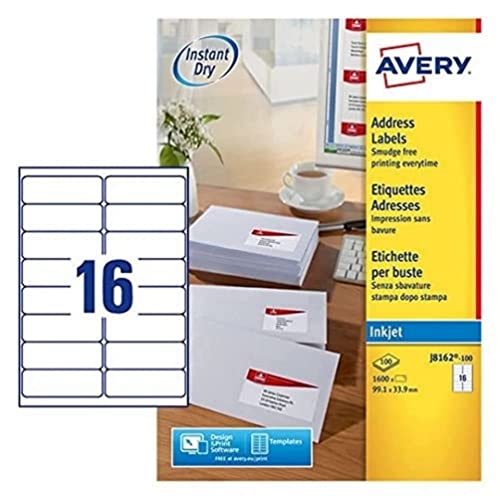 Avery schnelltrocknende Adressetiketten für Tintenstrahldrucker 16 pro Blatt 99,1 x 33,9 mm 1600 Etiketten weiß