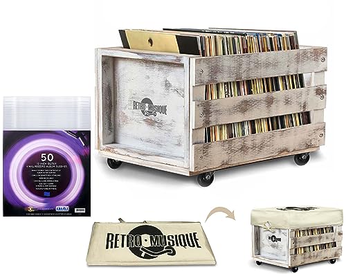 Retro Musique Holzkiste zur Aufbewahrung von 12" LP-Vinylschallplatten auf Rädern für bis zu 100 Alben (in PVC-Hüllen) mit hessischem Stoffüberzug (Weiß gewaschen Finish)