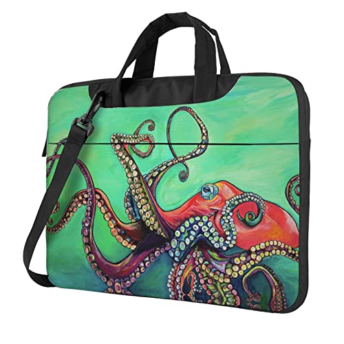 Süße Octopus bedruckte Laptop-Umhängetasche, Laptop- und Tablet-Schultertragetasche, Schwarz , 13 inch