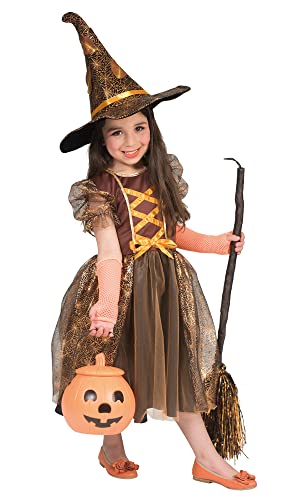 Funny Fashion Hexen Kostüm Autumn für Mädchen - Braun Orange | Glitzer Kinderkostüm Hexenhut 104