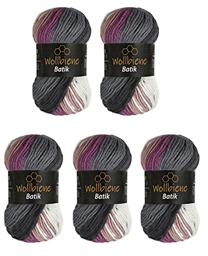 5 x 100g Wollbiene Batik 500 Gramm Wolle mit Farbverlauf mehrfarbig Multicolor Strickwolle Häkelwolle (5400 dunkelgrau beere weiß)