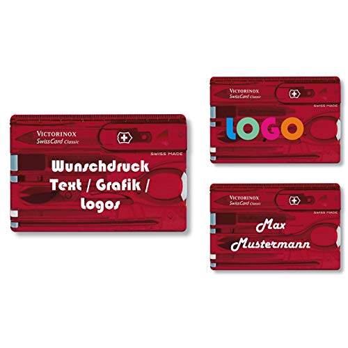 Victorinox Swiss Card Classic mit Wunschdruck I Geschenk für Männer I Geschenke zum Geburtstag I Schweizer Taschenmesser personalisiert 10 Funktionen (rot transparent)