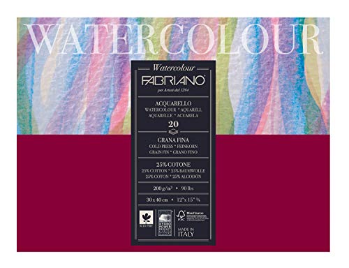 Honsell 72613040 - Fabriano Watercolour Aquarellkarton, 200 g/m², 30 x 40 cm, 20 Blatt, Block 4 fach geleimt, naturweiß, Feinkorn, säurefrei, samtartige Oberfläche