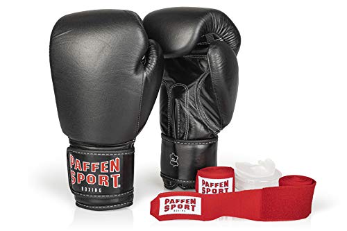 PAFFEN SPORT «Advanced» Box-Bundle, «KIBO Fight» Boxhandschuhe, schwarz, 12UZ.; «Allround» Bandage rot, 3,5 m; «Allround» Zahnschutz, transparent, ohne Mint