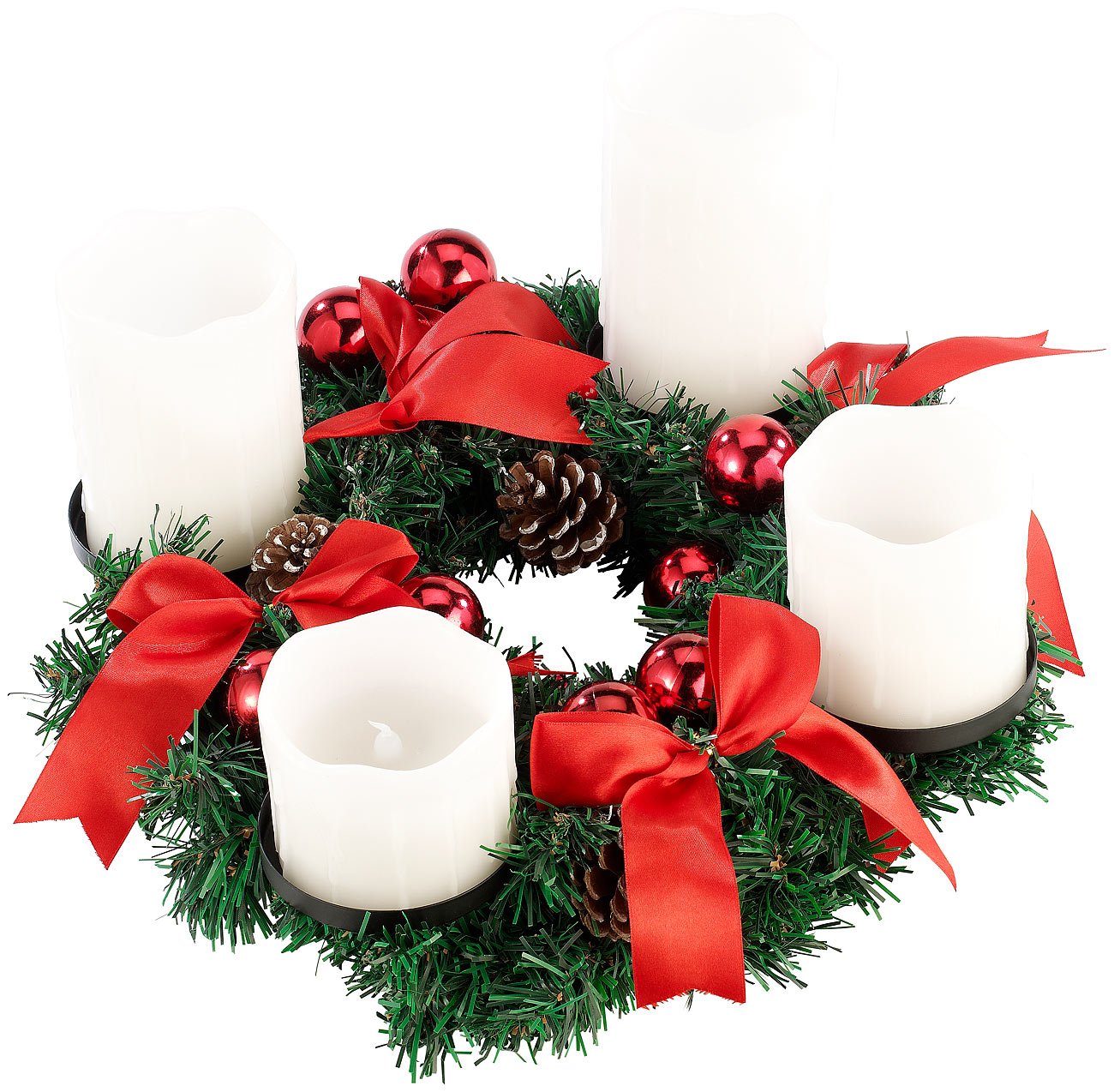 Britesta Adventkranz LED: Adventskranz mit weißen LED-Kerzen, rot geschmückt (Adventskranz mit LED Lichtern, Weihnachtskranz mit LED Lichter, Kabellose Weihnachtskerzen)