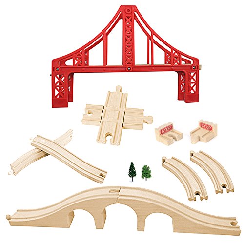 OrgMemory Eisenbahn Set, Hängebrücke, Holzeisenbahn Eisenbahnbrücke, Kreuzung, Stopp Track und Gebogene Gleise Kompatibel mit Anderer Marken