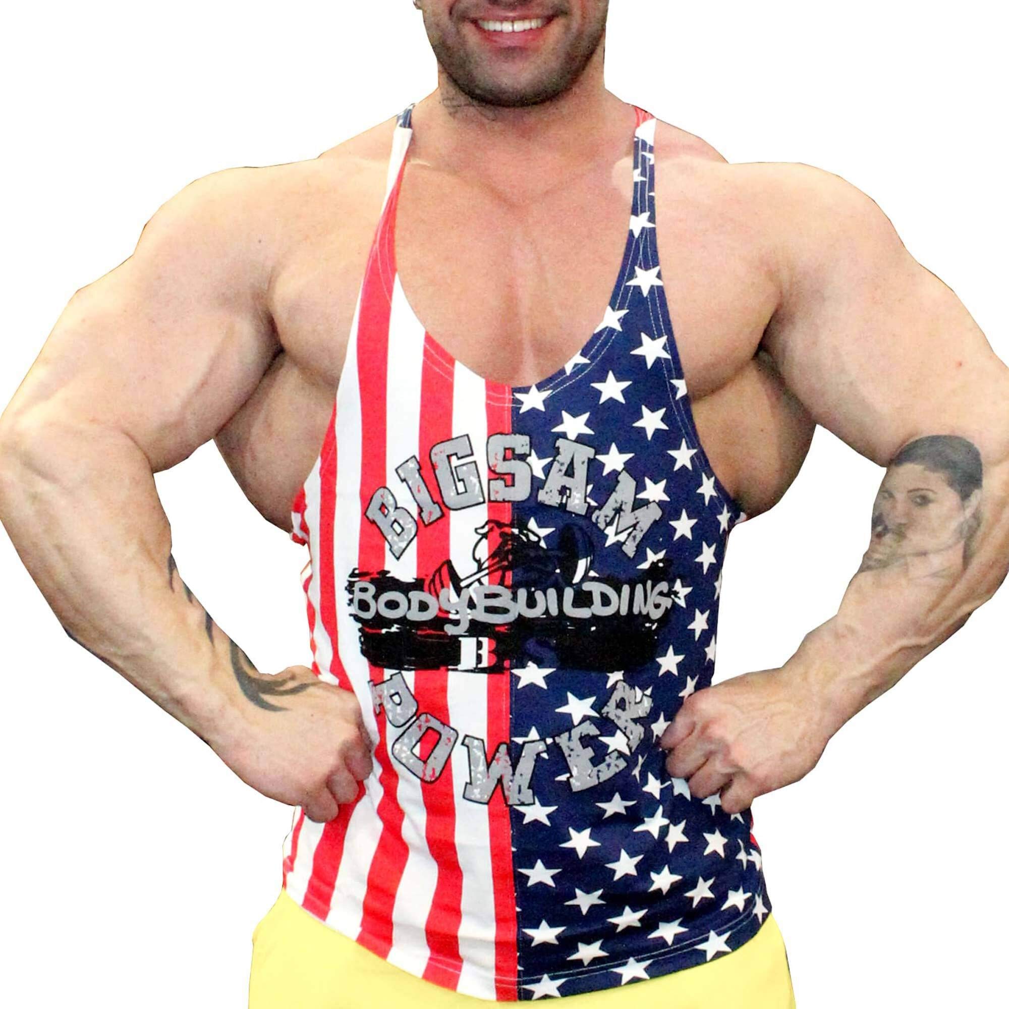 Big SM Sportswear MUSCLEWEAR Muskelshirt Tank Top Tanktop Achselshirt Stringer Bodybuilding Herren USA Amerika Stars Stripes 2195 blau rot XXL