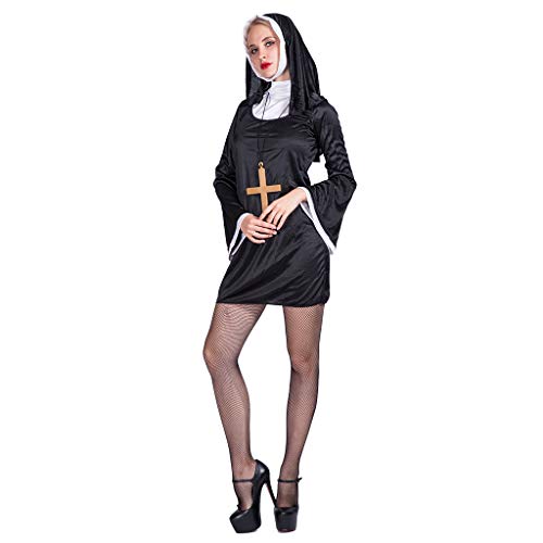 EraSpooky Damen Nonne Klosterfrau Kostüm Faschingskostüme Cosplay Halloween Party Karneval Fastnacht Kleid für Erwachsene