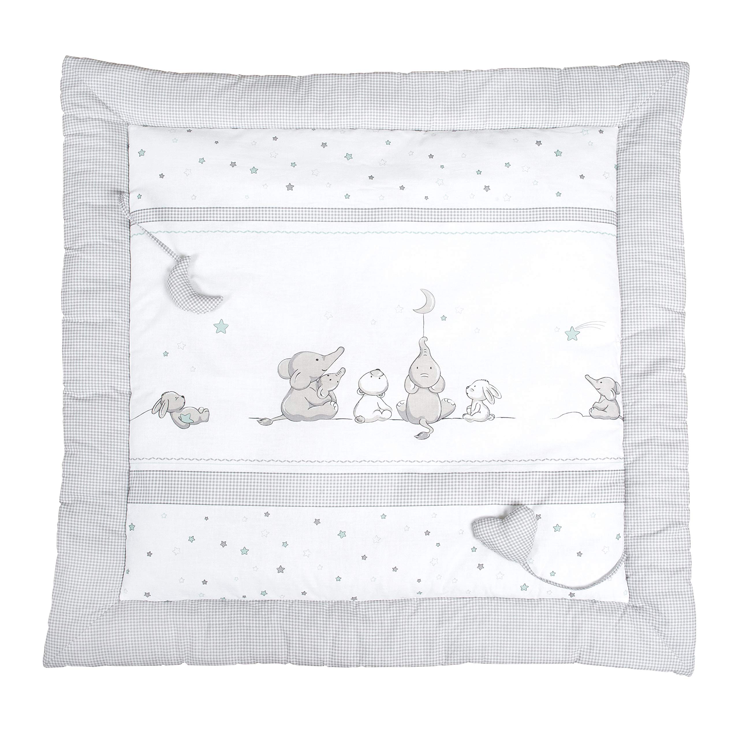 roba Baby Krabbeldecke Sternenzauber - 100 x 100 cm - Gepolsterte Spieldecke mit Stern Motiv inkl. Spielzeug Anhänger - aus weicher Baumwolle - Hellgrau / Weiß